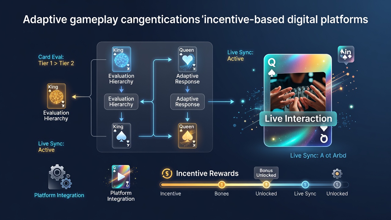 Digital interface showing adaptive card evaluation tools integrated with live player interactions on an incentive-based gaming platform