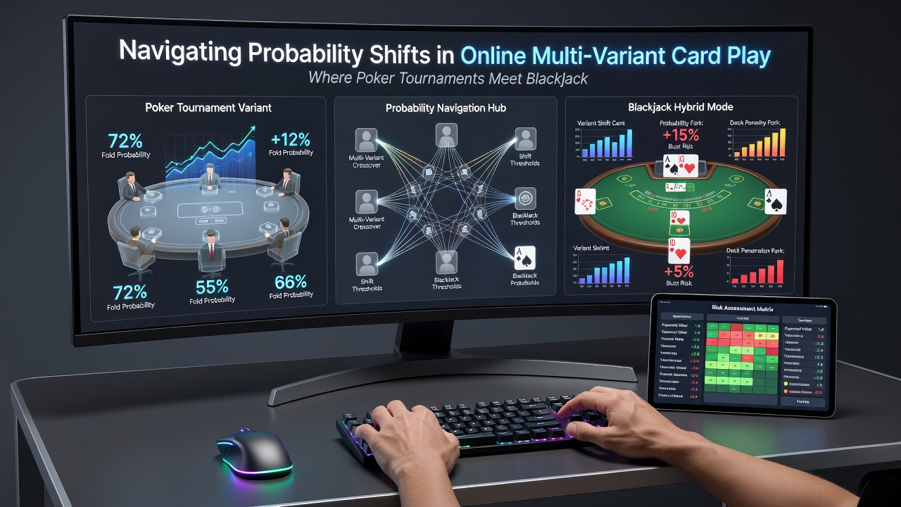 Screenshot of probability modeling interface displaying variance curves across poker and blackjack hybrid rules