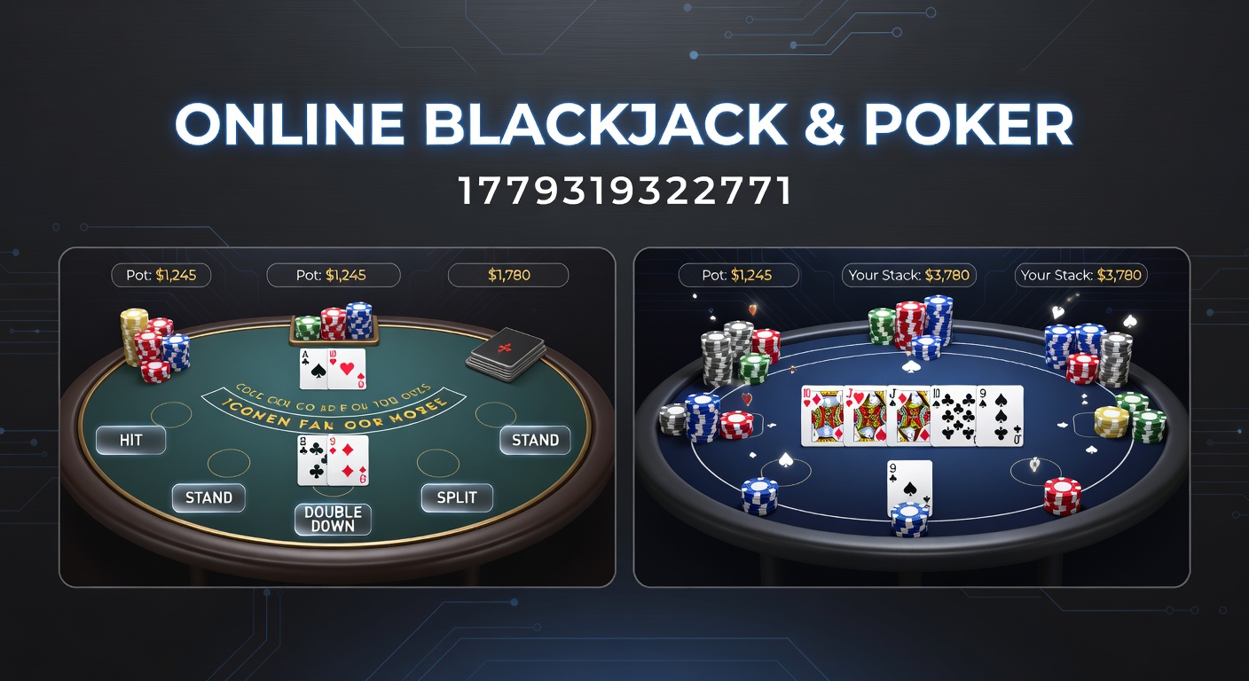 Online blackjack and poker tables displayed on digital screens with cards and chips