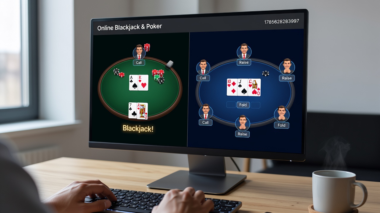 Players reviewing strategy charts while engaging with online poker and blackjack sessions on tablets