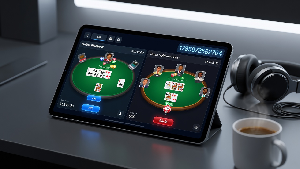 Live dealer poker and blackjack tables shown side by side in a virtual casino setting