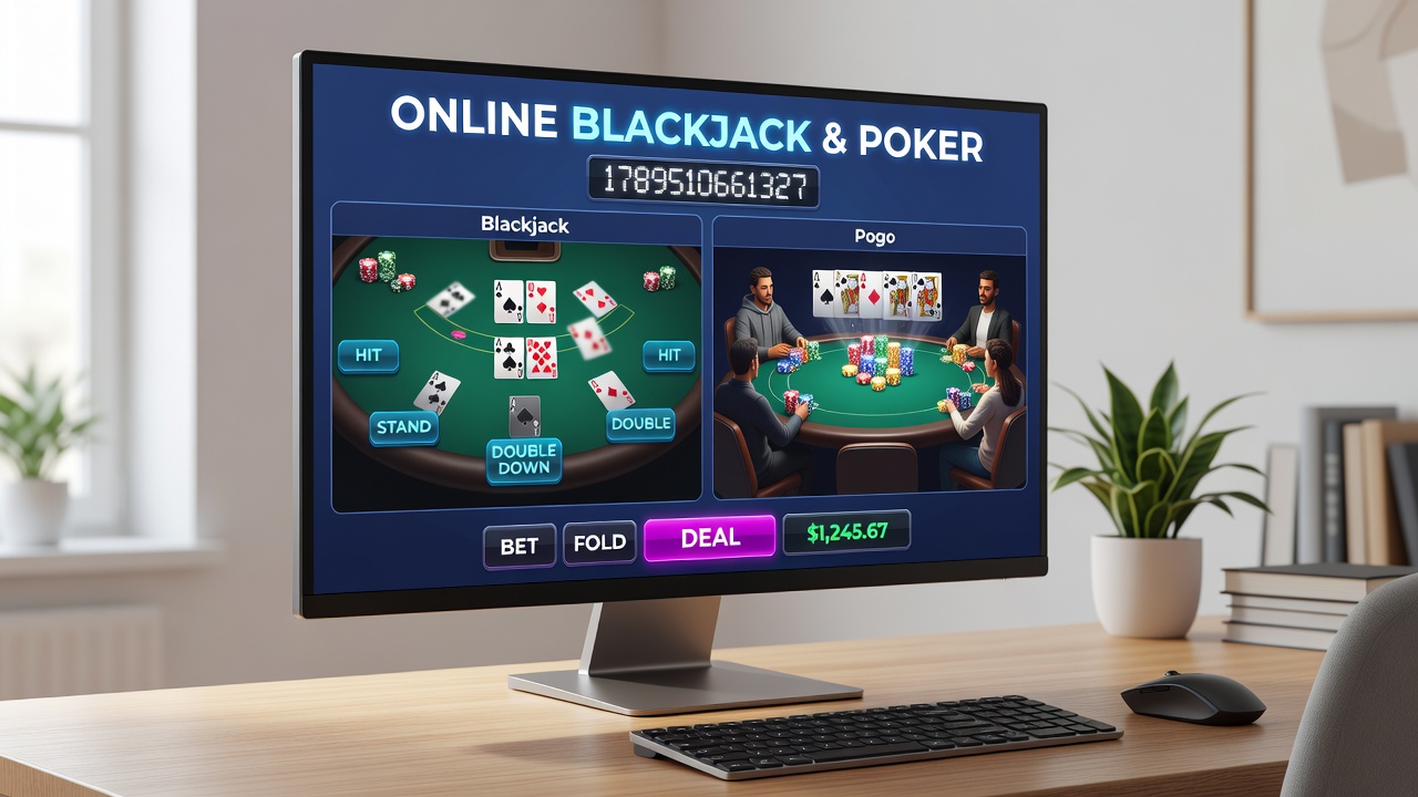 Poker and blackjack strategy charts alongside digital casino screens