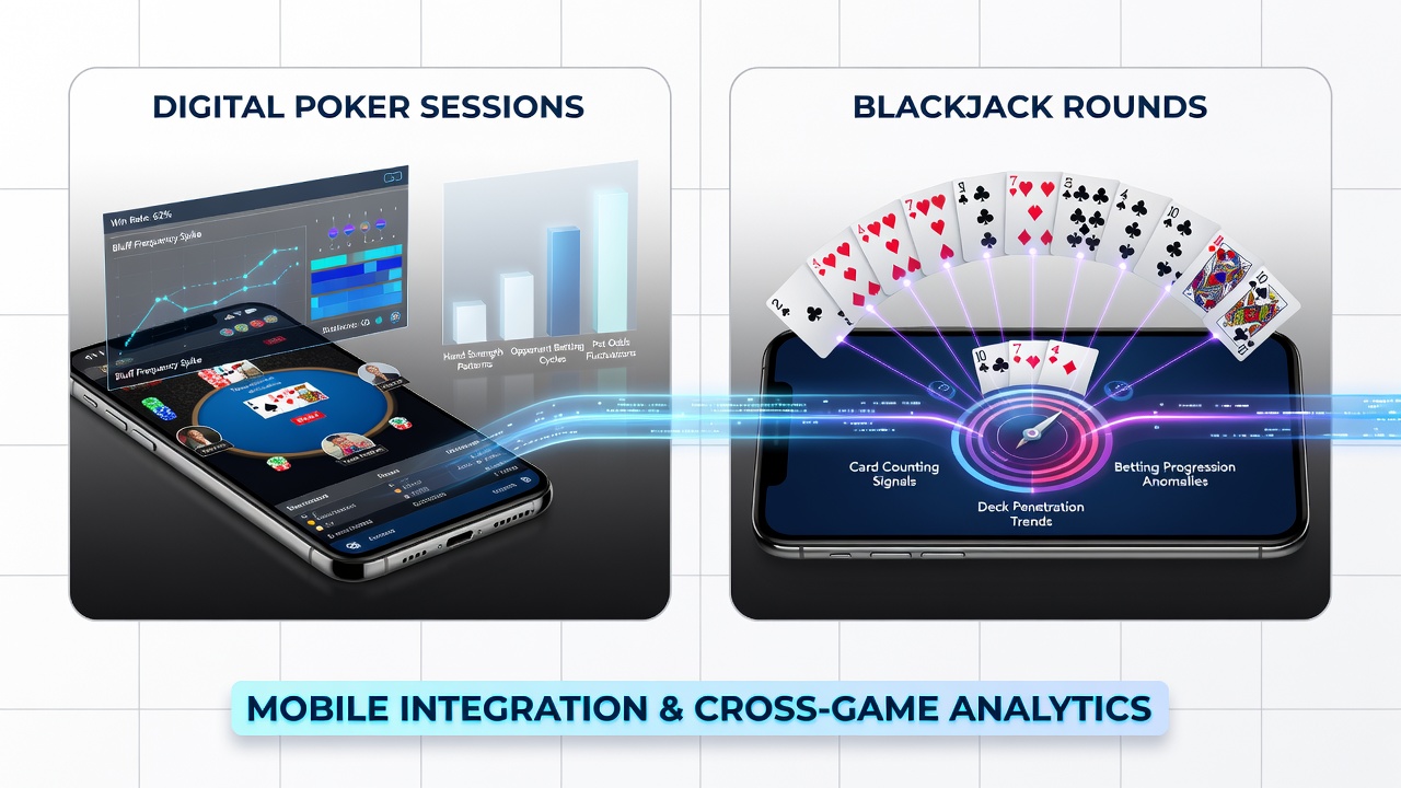 Close-up of smartphone screen showing blackjack analytics dashboard with frequency charts and sequence markers