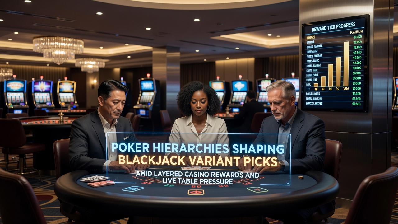 Live blackjack table with players evaluating hands under casino reward signage