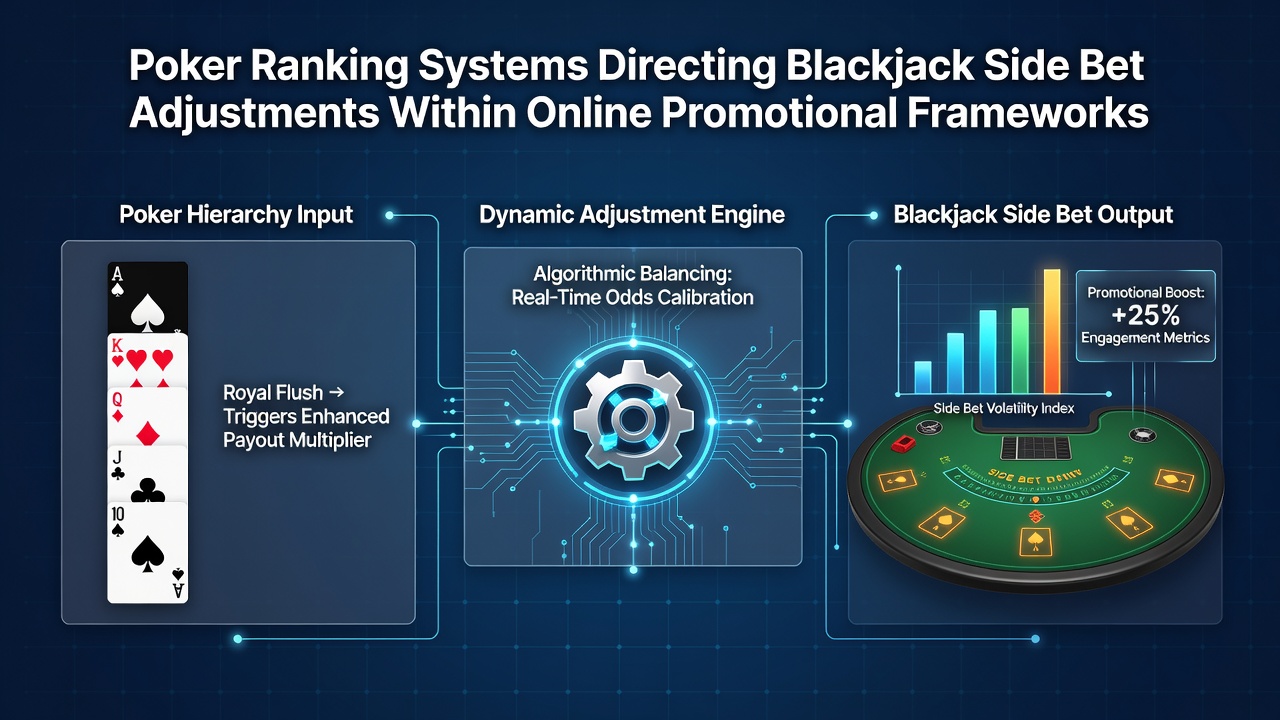 Live dealer adjusting side bet signage on a blackjack table while referencing poker hand charts