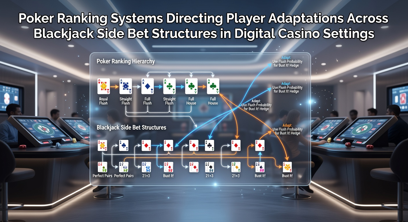 Digital casino interface showing poker rankings integrated with blackjack side bet options on an online platform