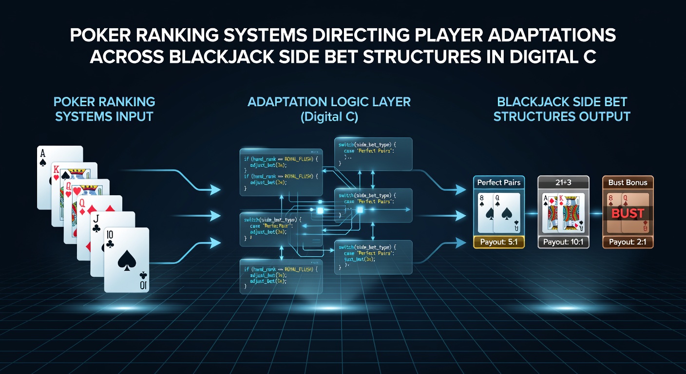 Player dashboard in a digital casino displaying side bet results tied to poker hand rankings and adaptation metrics