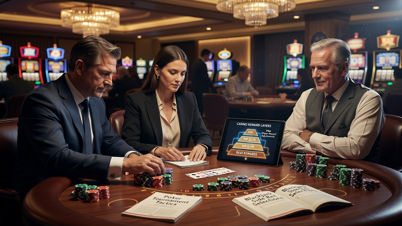 Blackjack table with side bet markers and digital practice interface displaying reward layers