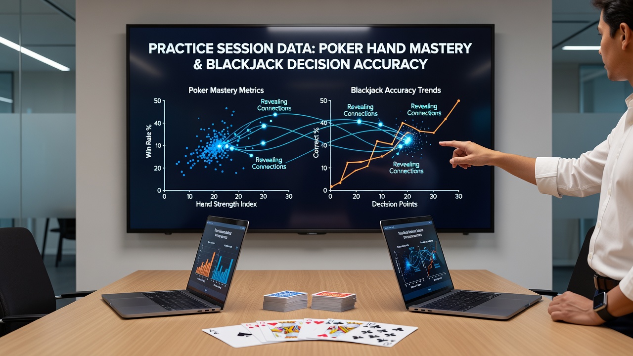 Split-screen view of poker hand analysis alongside blackjack strategy application in a digital bonus table session