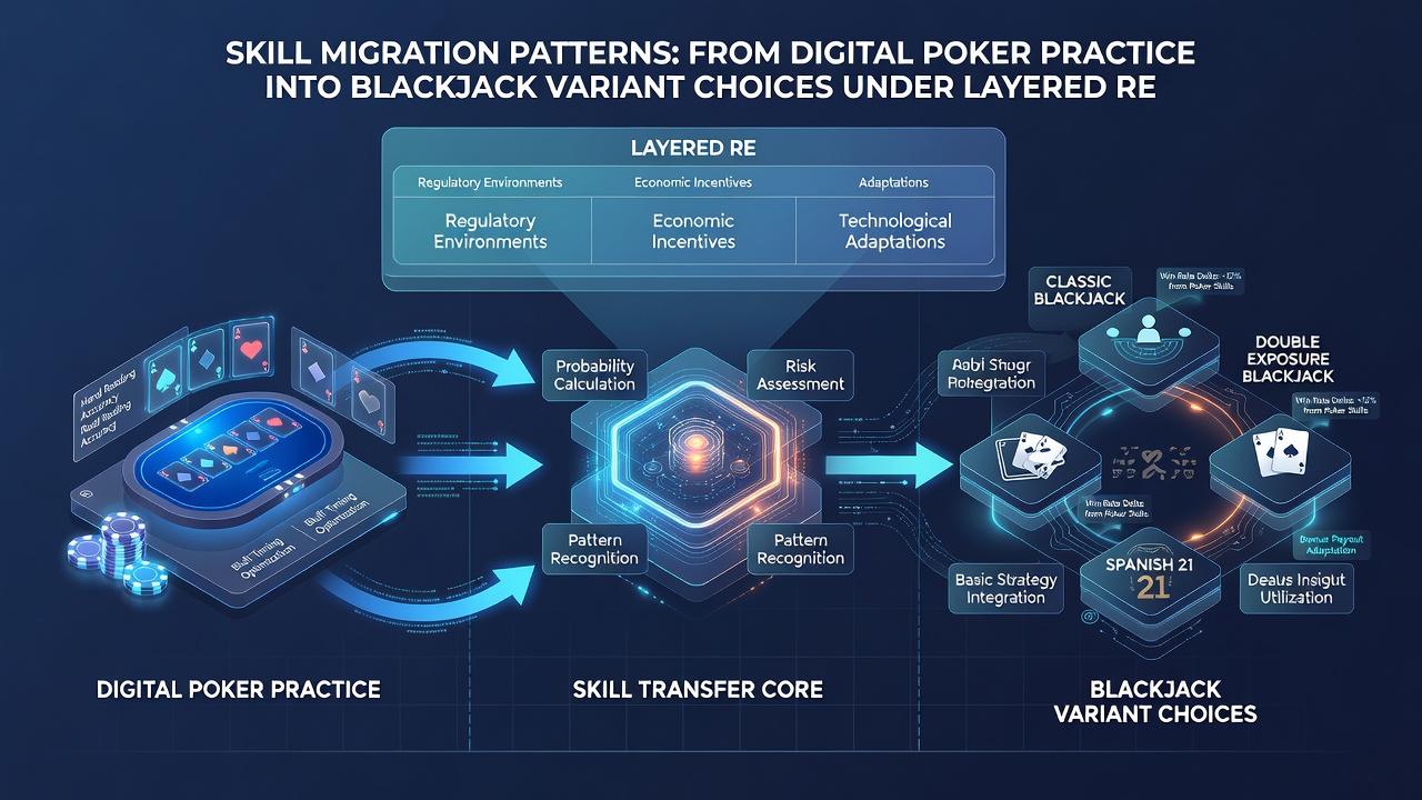 Analytics dashboard displaying player migration flows between poker practice modules and blackjack variant selections amid reward incentives