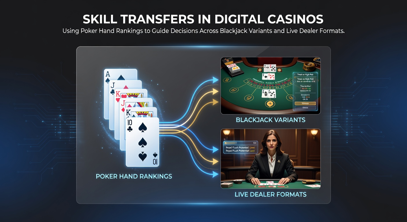 Digital casino interface showing poker hand rankings overlaid on a blackjack table during live dealer play