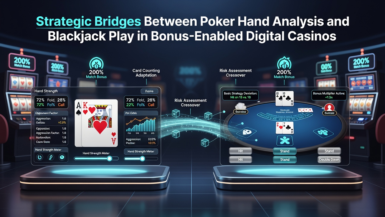 Player dashboard comparing poker equity calculations with blackjack strategy adjustments during a live bonus event