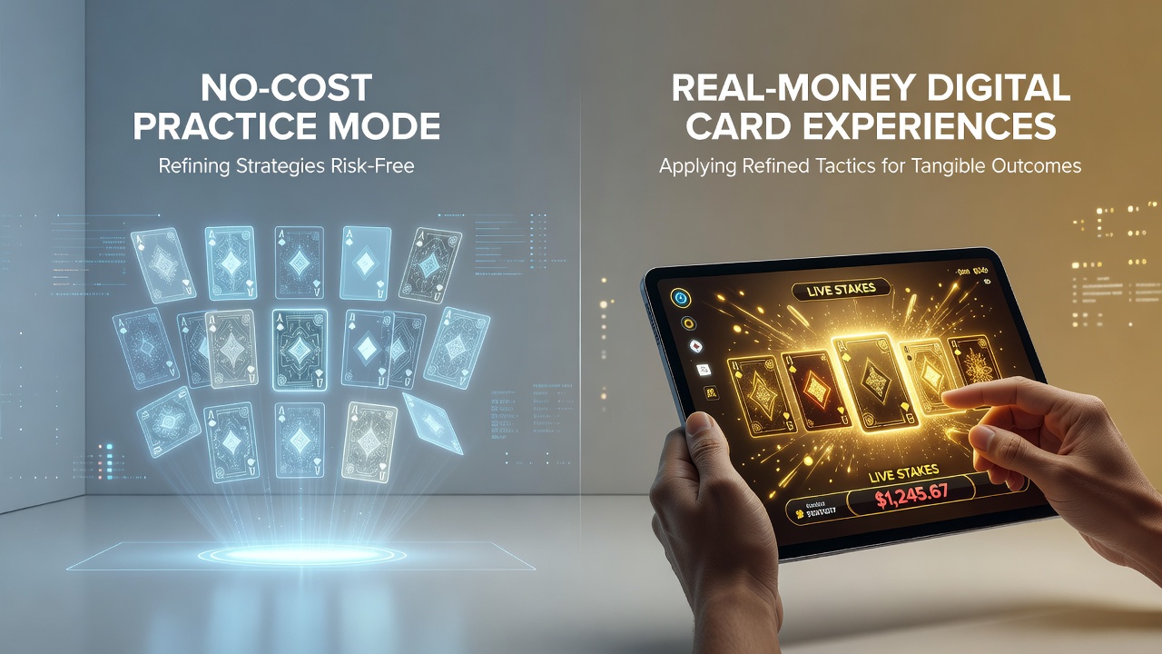 Illustration of a digital card game interface showing practice mode options alongside real-money play buttons