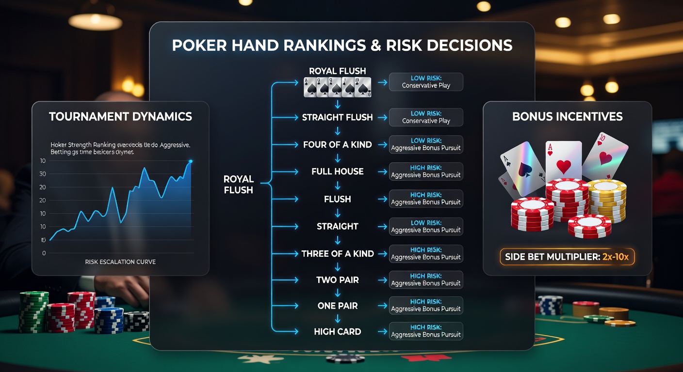Poker and blackjack tournament table with cards showing hand rankings and bonus payout displays